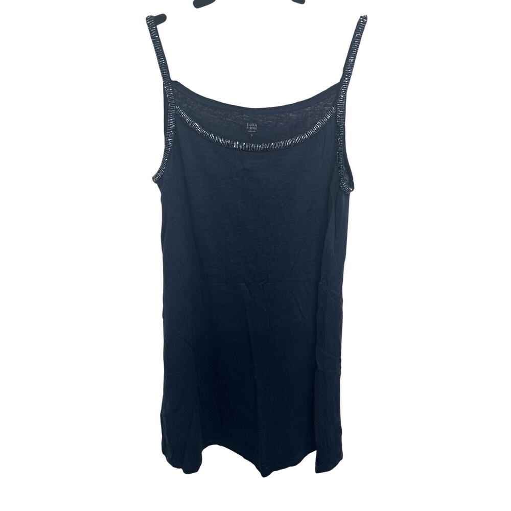Eileen Fisher 100% Linen Navy Blue Tank Slip Dress with Beaded Accent Size Small